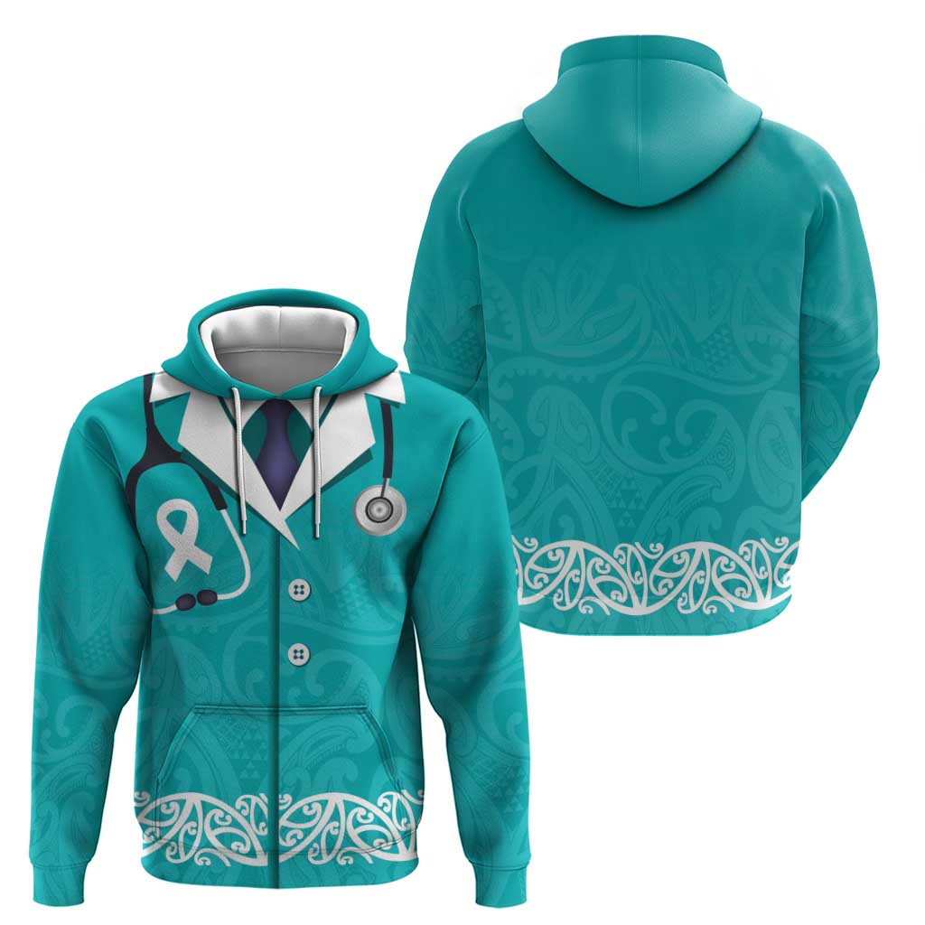 New Zealand Nurses Week Zip Hoodie Maori Kowhaiwhai Cyan Tribal