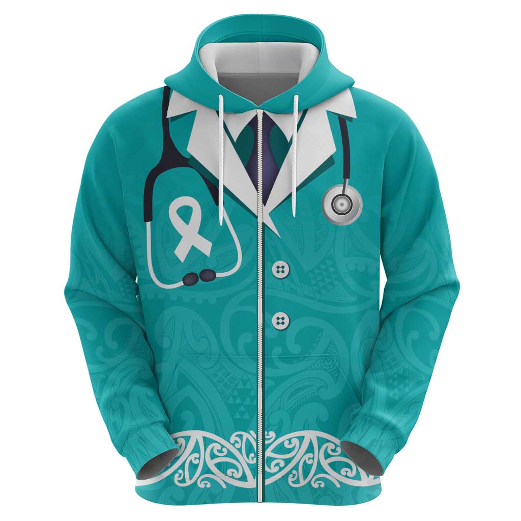 New Zealand Nurses Week Zip Hoodie Maori Kowhaiwhai Cyan Tribal