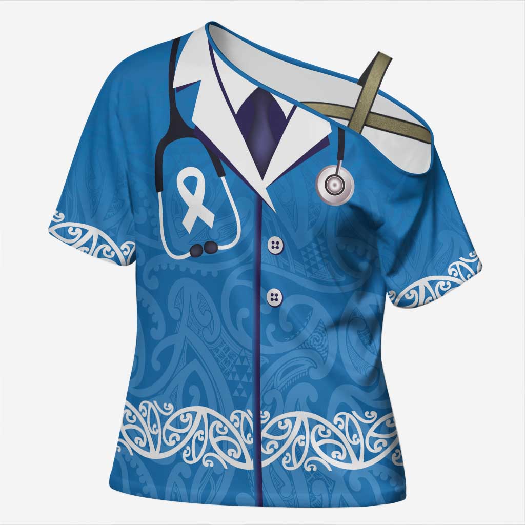 New Zealand Nurses Week Cross Shoulder Shirt Maori Kowhaiwhai Blue Tribal