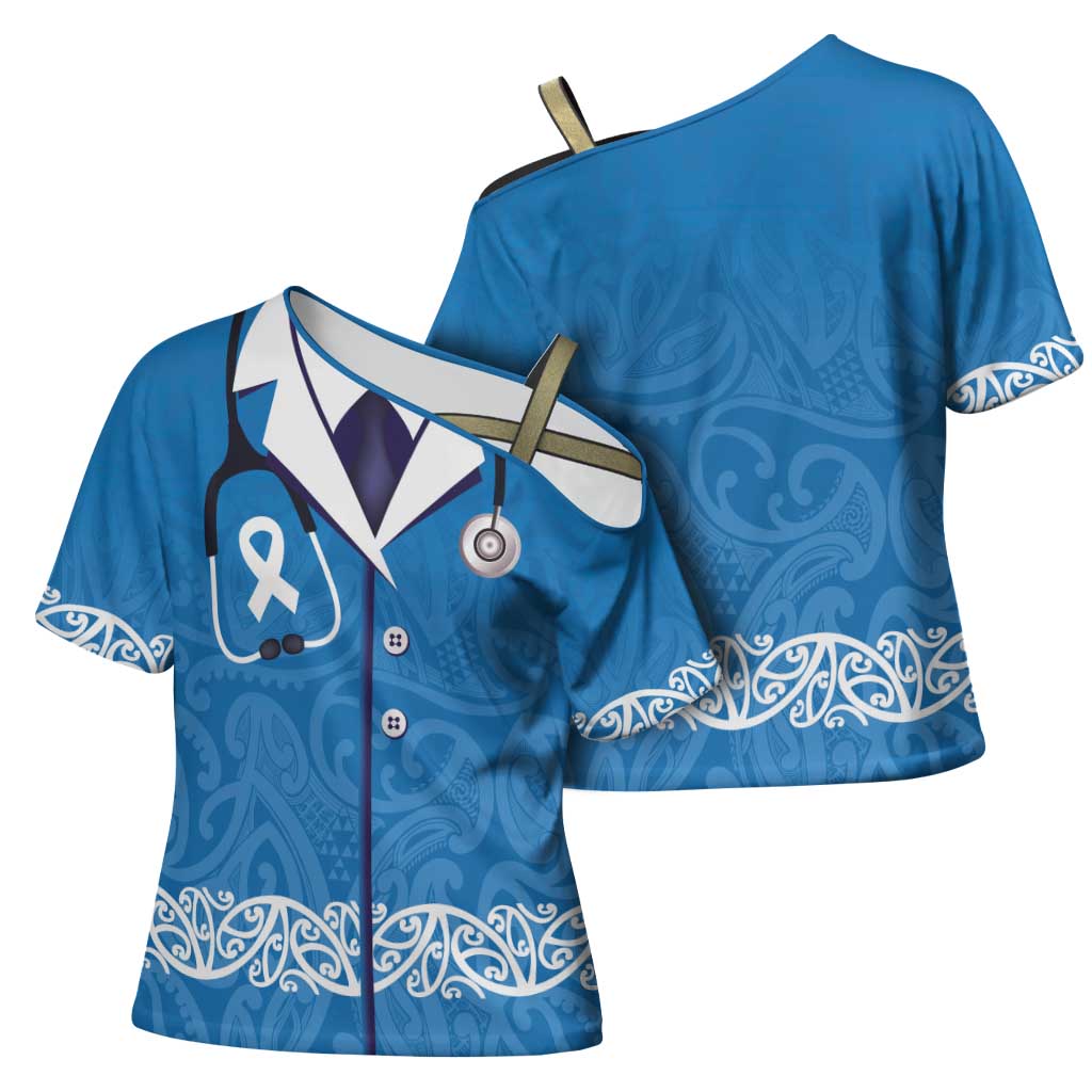New Zealand Nurses Week Cross Shoulder Shirt Maori Kowhaiwhai Blue Tribal