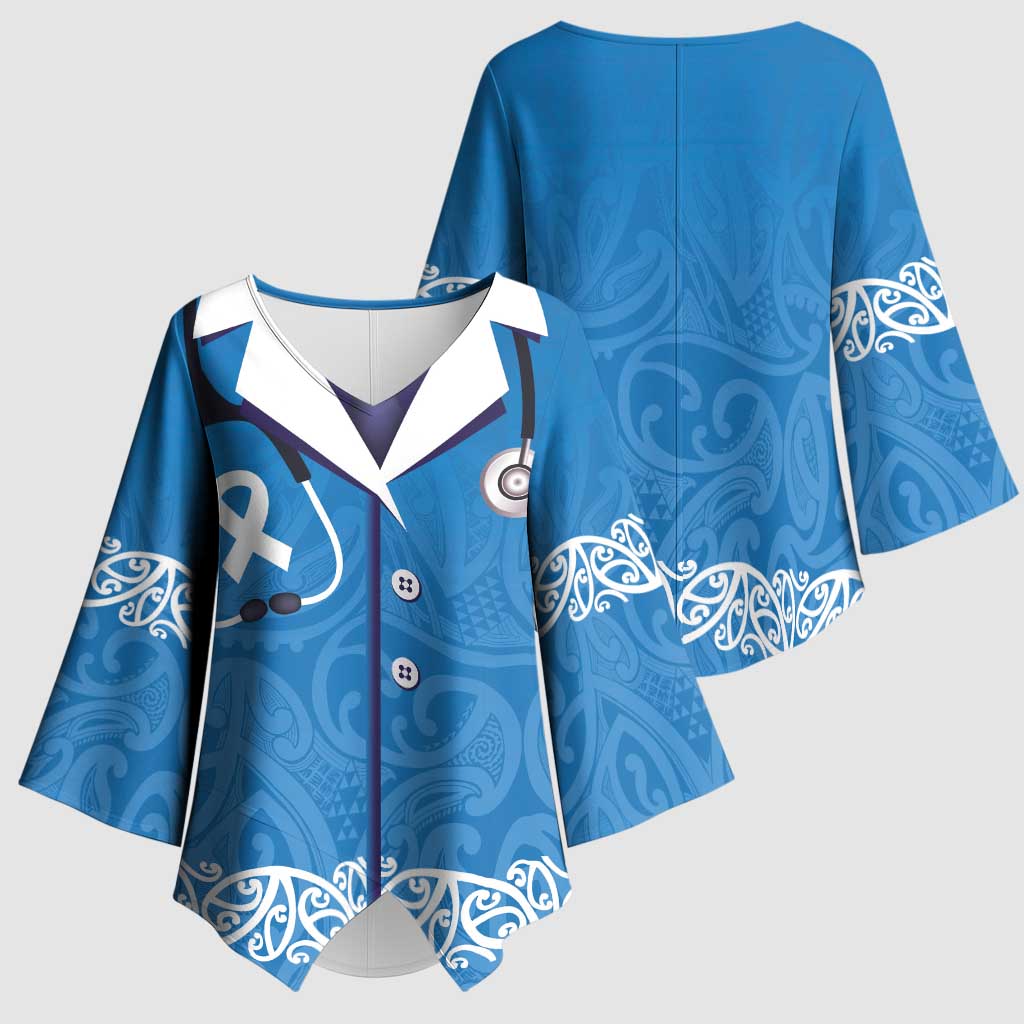 New Zealand Nurses Week Kimono Sleeve Blouse Maori Kowhaiwhai Blue Tribal