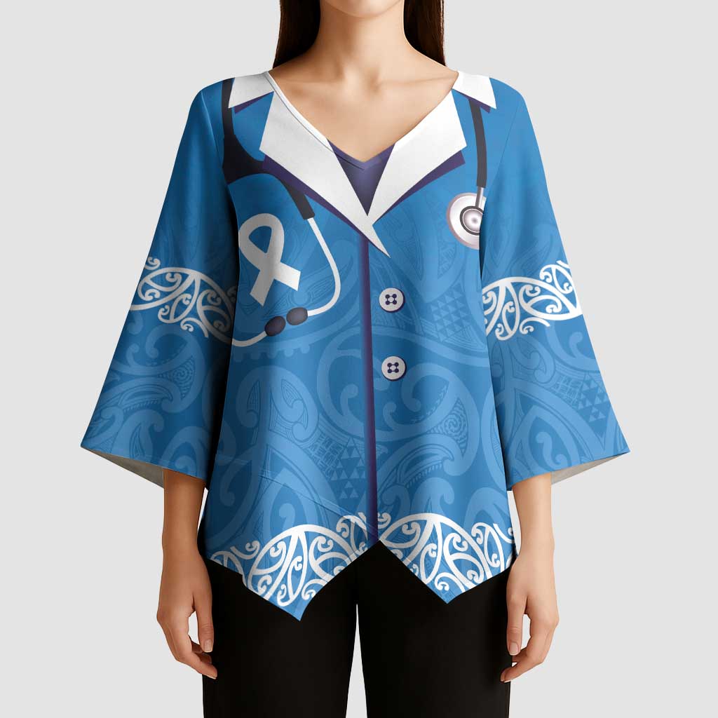 New Zealand Nurses Week Kimono Sleeve Blouse Maori Kowhaiwhai Blue Tribal