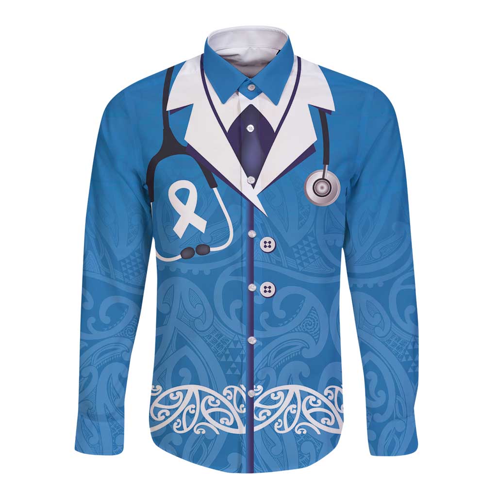 New Zealand Nurses Week Long Sleeve Button Shirt Maori Kowhaiwhai Blue Tribal