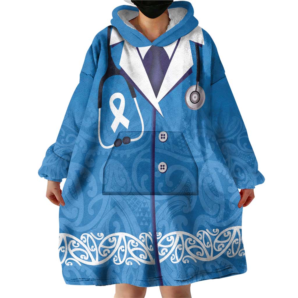 New Zealand Nurses Week Wearable Blanket Hoodie Maori Kowhaiwhai Blue Tribal