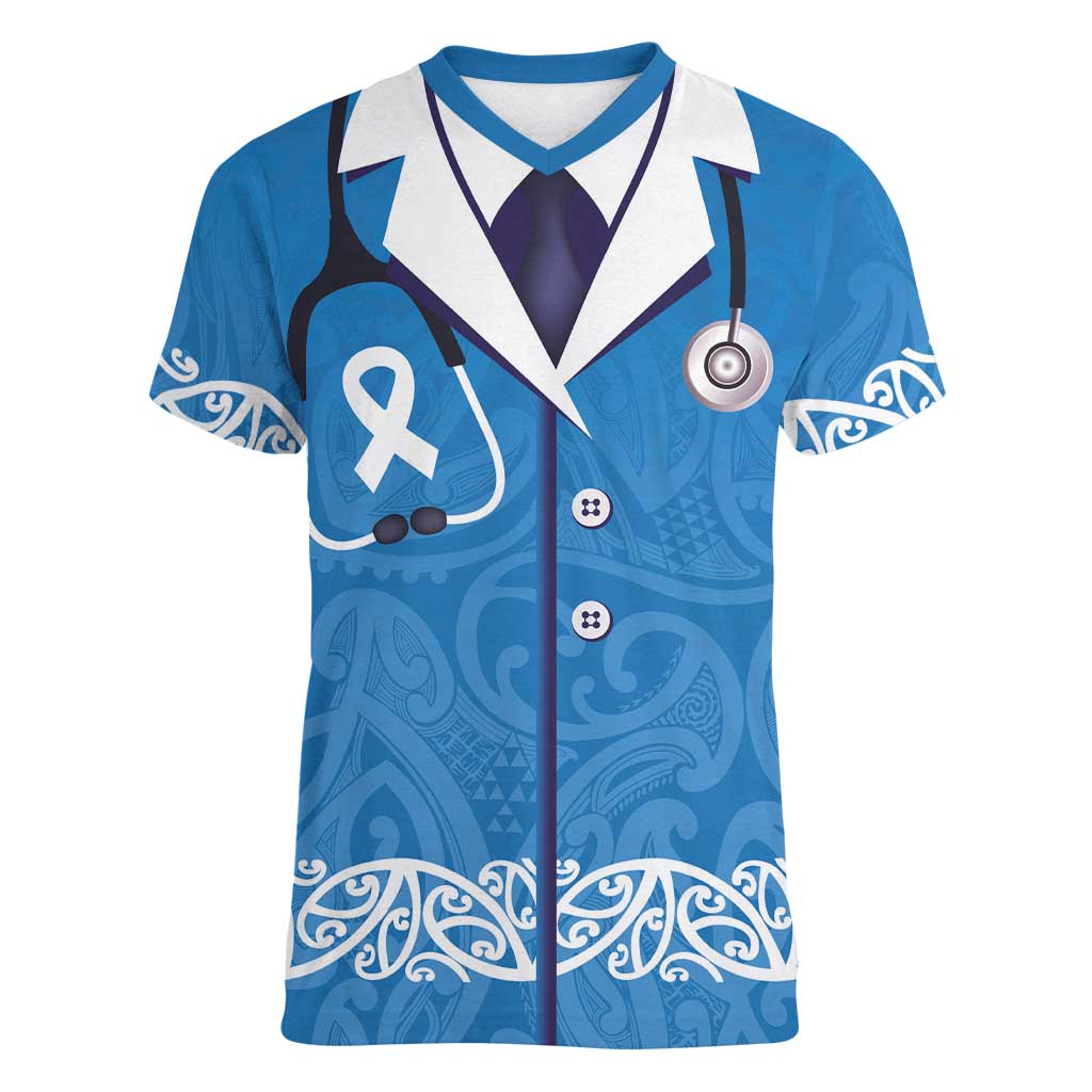 New Zealand Nurses Week Women V-Neck T-Shirt Maori Kowhaiwhai Blue Tribal