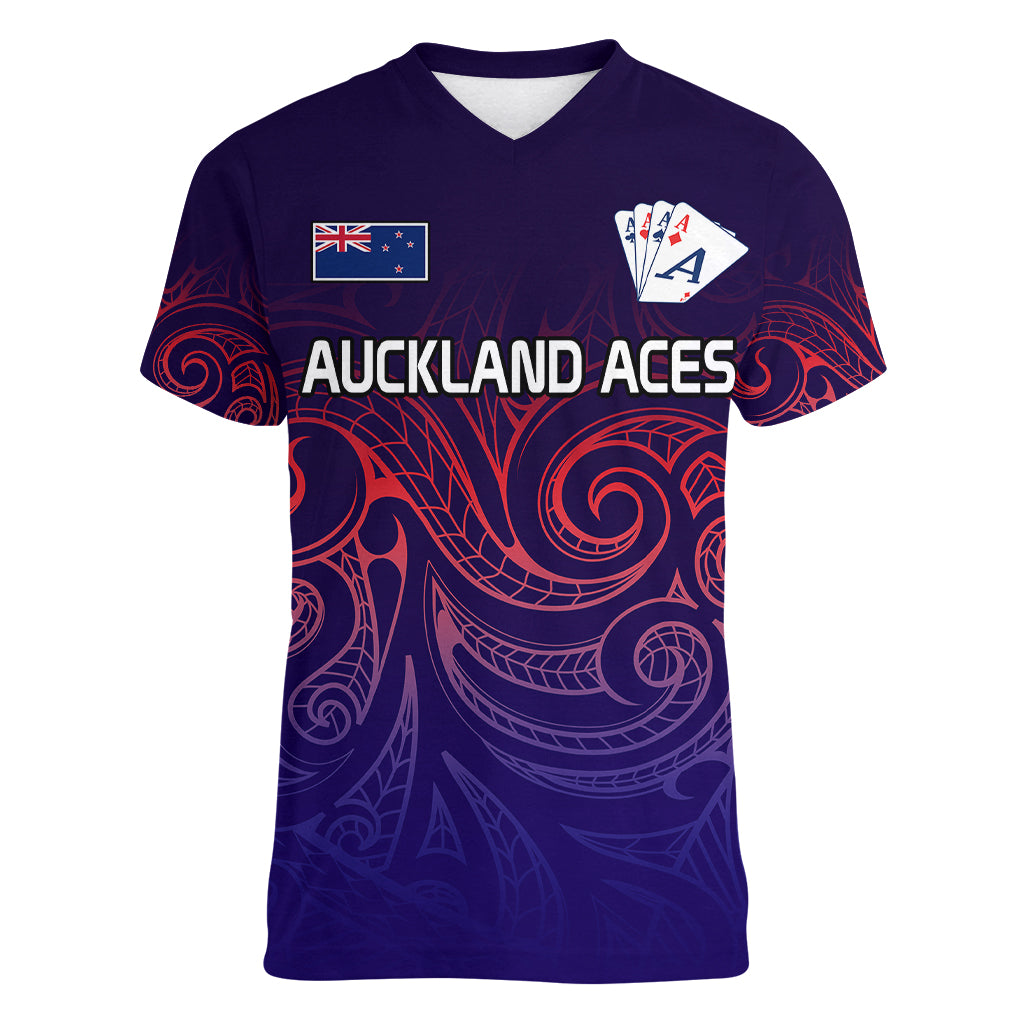 New Zealand Auckland Cricket Women V Neck T Shirt Maori Traditional Ethnic Style LT9 Female Gradient - Polynesian Pride