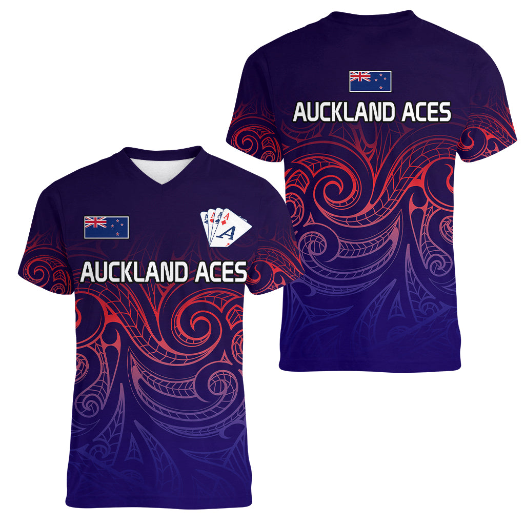 New Zealand Auckland Cricket Women V Neck T Shirt Maori Traditional Ethnic Style LT9 - Polynesian Pride