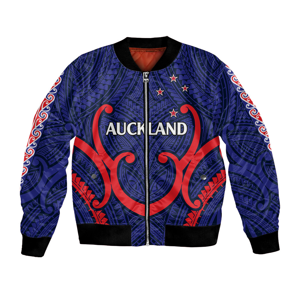 New Zealand Auckland Cricket Bomber Jacket Polynesian with Maori Koru LT9 Unisex Blue - Polynesian Pride