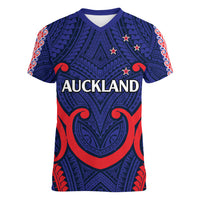 New Zealand Auckland Cricket Women V Neck T Shirt Polynesian with Maori Koru LT9 Female Blue - Polynesian Pride