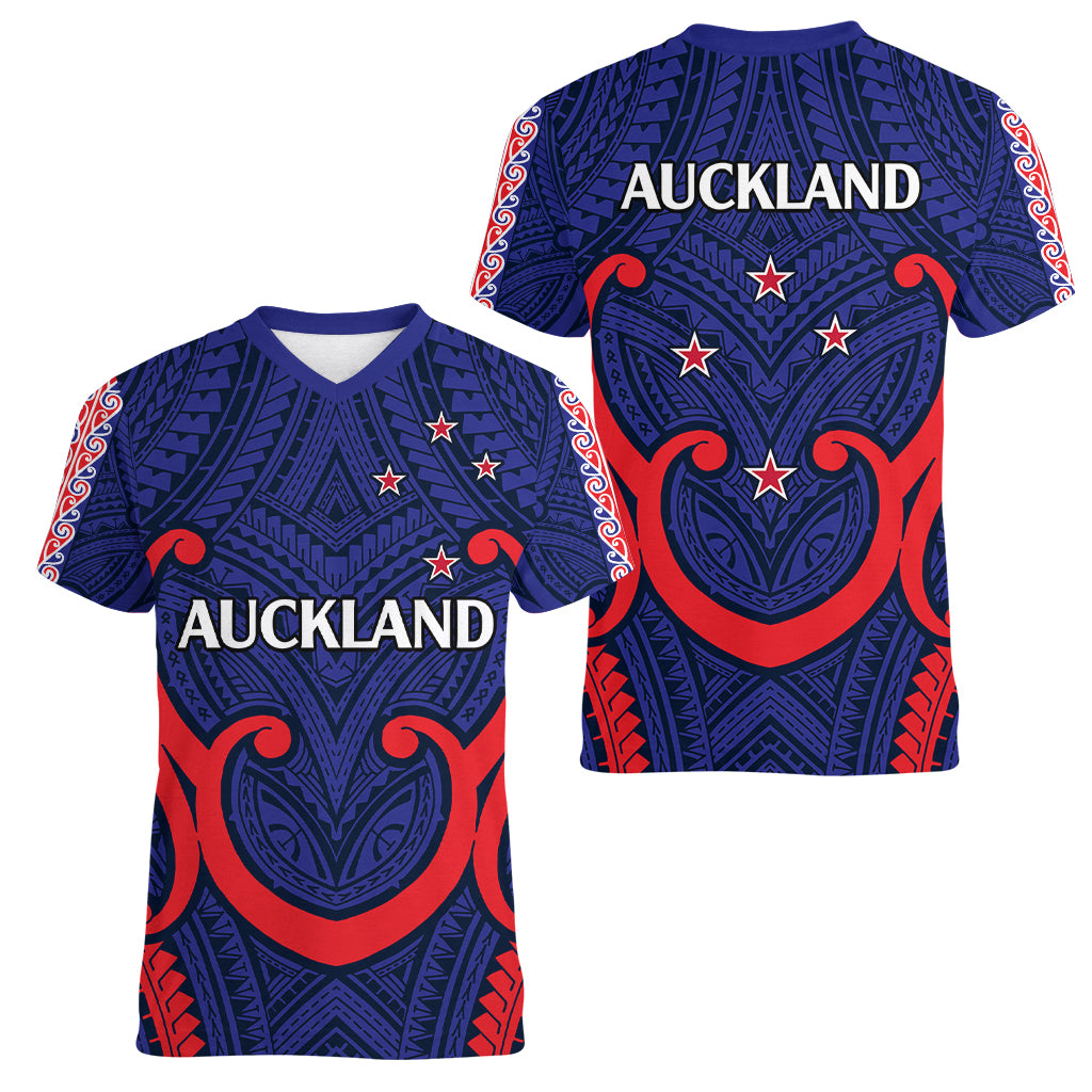 New Zealand Auckland Cricket Women V Neck T Shirt Polynesian with Maori Koru LT9 - Polynesian Pride