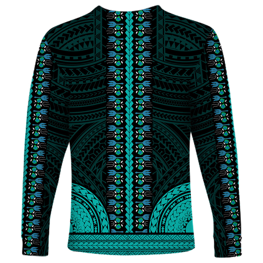 African Dashiki Long Sleeve Shirt With Polynesian Pattern - Teal LT9 - Polynesian Pride