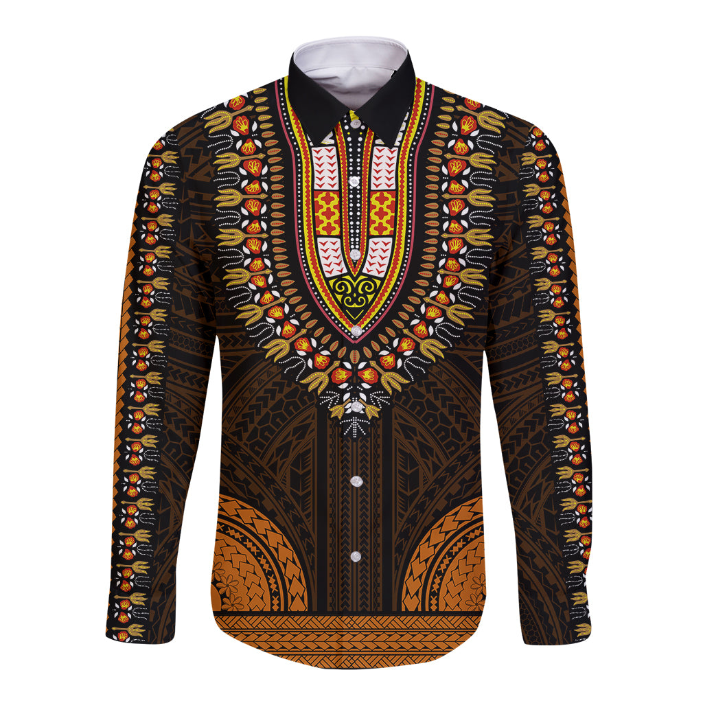 African Dashiki Long Sleeve Button Shirt With Polynesian Pattern - Gold LT9 Unisex Gold - Polynesian Pride