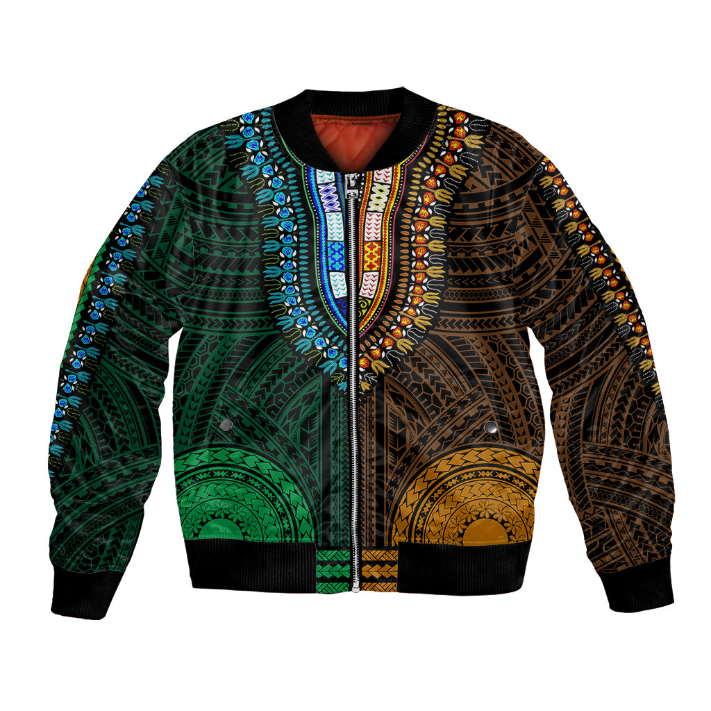 African Dashiki Bomber Jacket With Polynesian Pattern - Half Green and Gold LT9 Unisex Green and Gold - Polynesian Pride