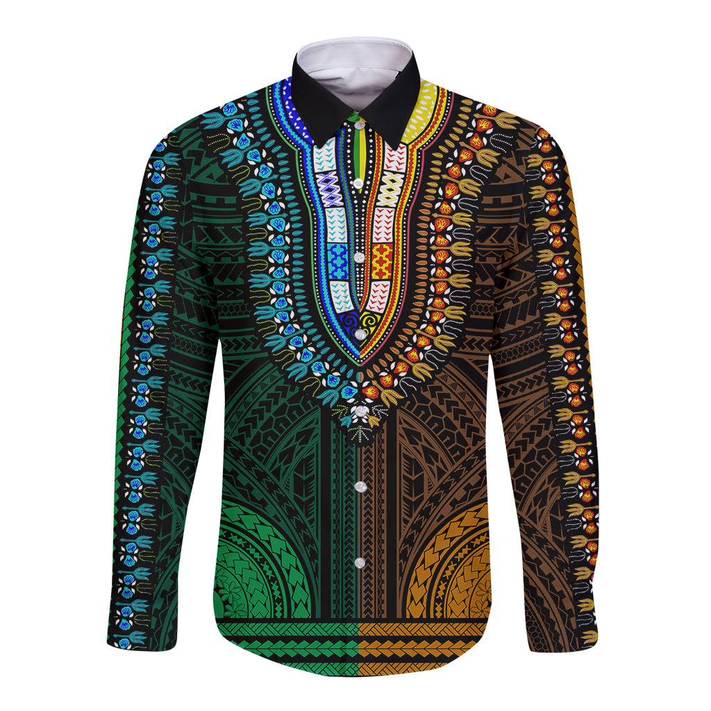 African Dashiki Long Sleeve Button Shirt With Polynesian Pattern - Half Green and Gold LT9 Unisex Green and Gold - Polynesian Pride