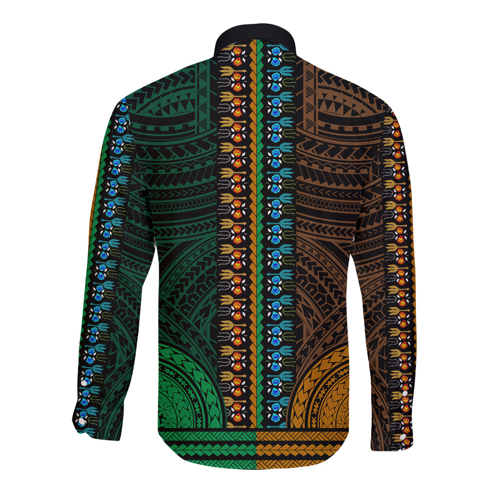 African Dashiki Long Sleeve Button Shirt With Polynesian Pattern - Half Green and Gold LT9 - Polynesian Pride