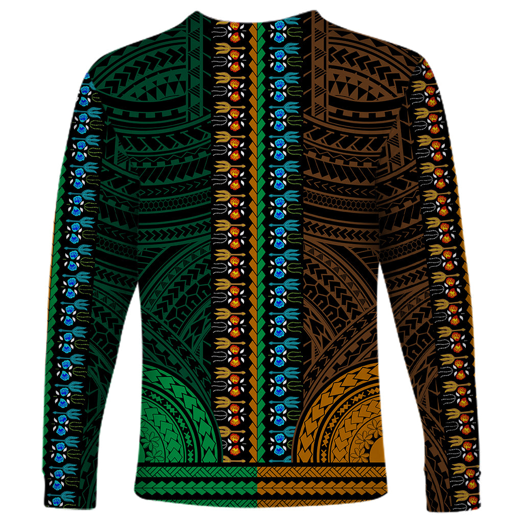 African Dashiki Long Sleeve Shirt With Polynesian Pattern - Half Green and Gold LT9 - Polynesian Pride