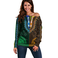 African Dashiki Off Shoulder Sweater With Polynesian Pattern - Half Green and Gold LT9 Women Green and Gold - Polynesian Pride