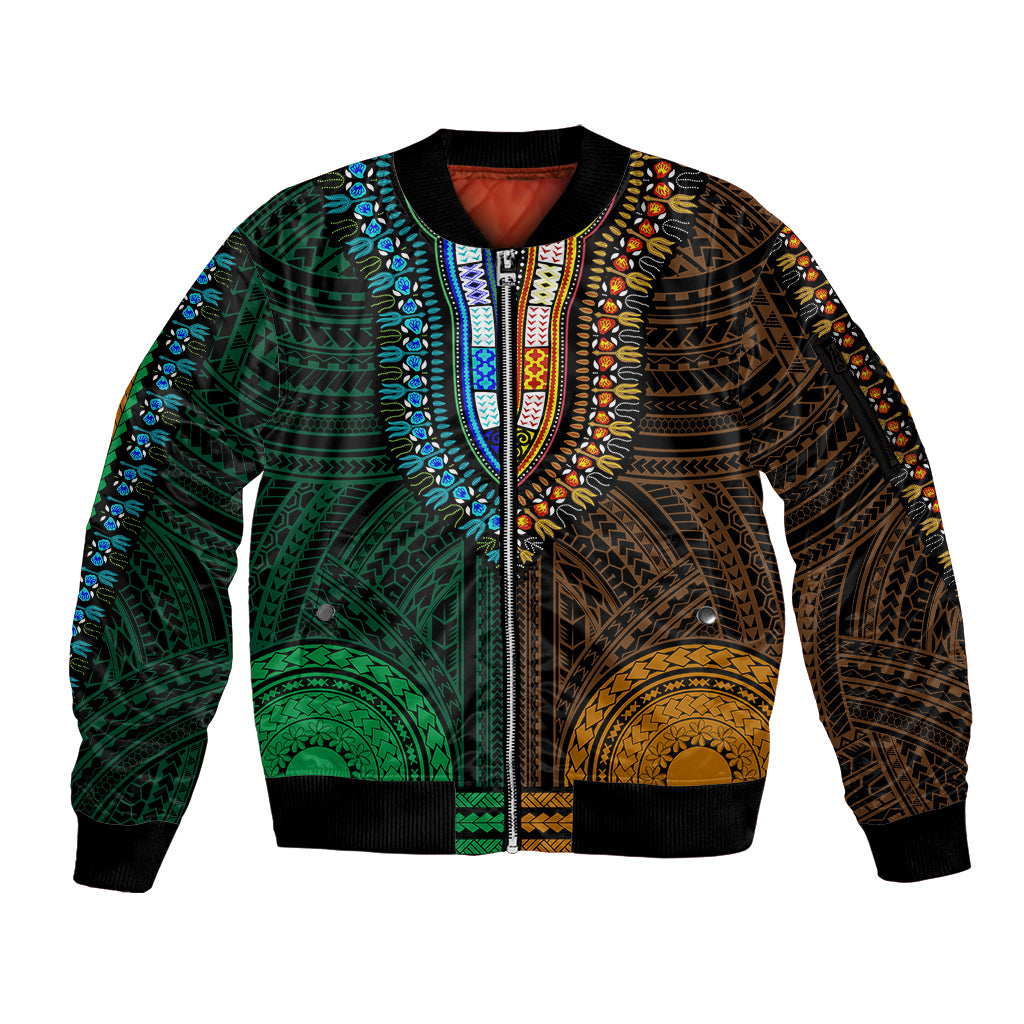 African Dashiki Sleeve Zip Bomber Jacket With Polynesian Pattern - Half Green and Gold LT9 Unisex Green and Gold - Polynesian Pride