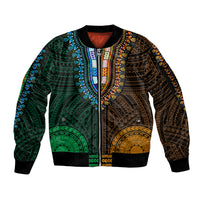 African Dashiki Sleeve Zip Bomber Jacket With Polynesian Pattern - Half Green and Gold LT9 Unisex Green and Gold - Polynesian Pride