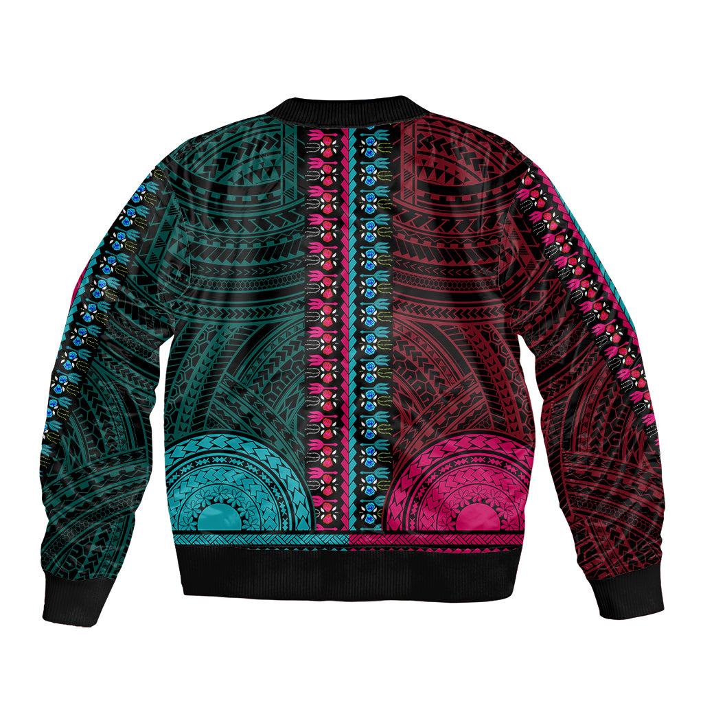 African Dashiki Bomber Jacket With Polynesian Pattern - Half Teal and Pink LT9 - Polynesian Pride