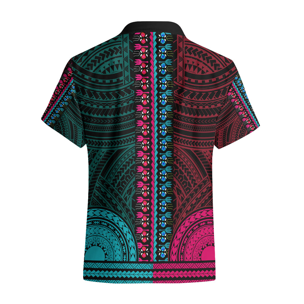 African Dashiki Hawaiian Shirt With Polynesian Pattern - Half Teal and Pink LT9 - Polynesian Pride