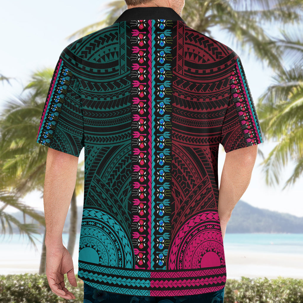 African Dashiki Hawaiian Shirt With Polynesian Pattern - Half Teal and Pink LT9 - Polynesian Pride