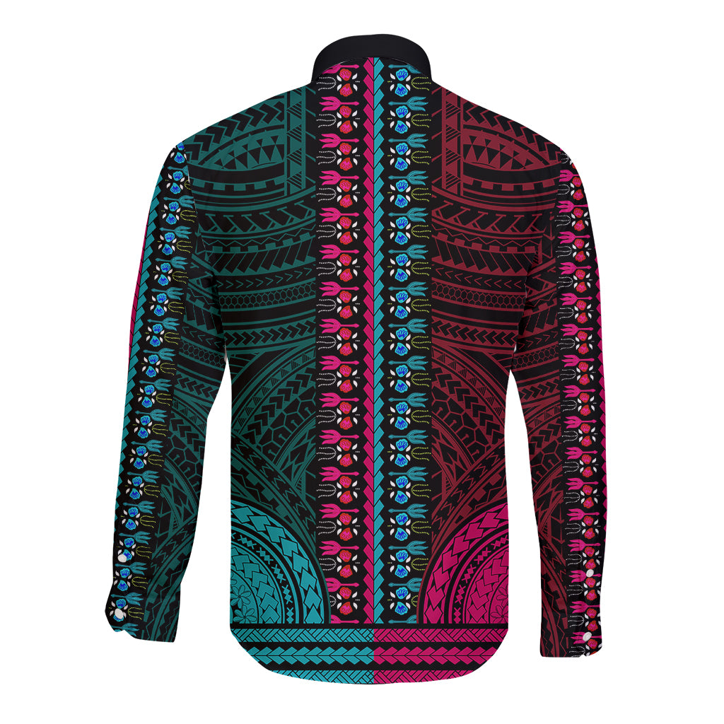 African Dashiki Long Sleeve Button Shirt With Polynesian Pattern - Half Teal and Pink LT9 - Polynesian Pride