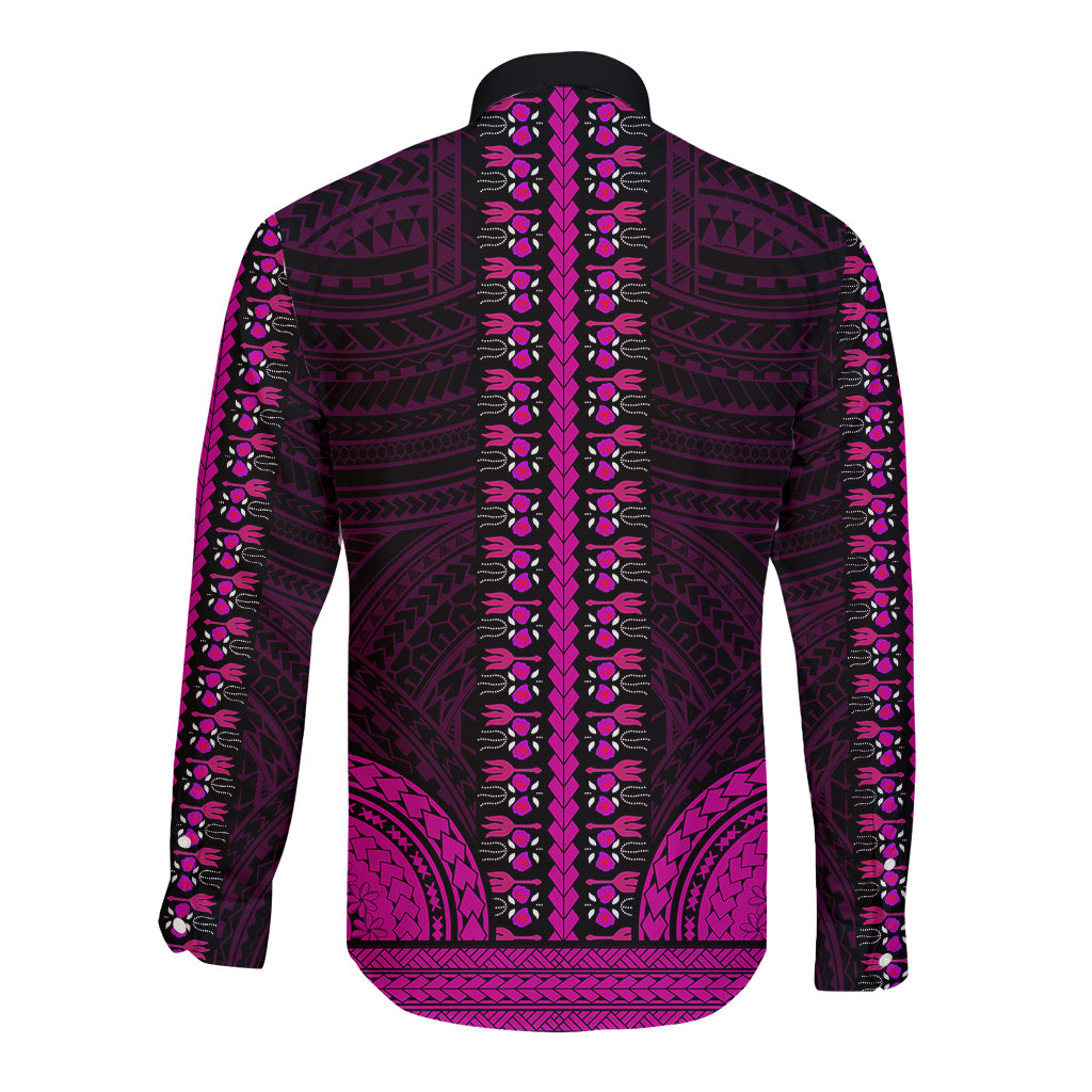 African Dashiki Long Sleeve Button Shirt With Polynesian Pattern - Pink LT9 - Polynesian Pride