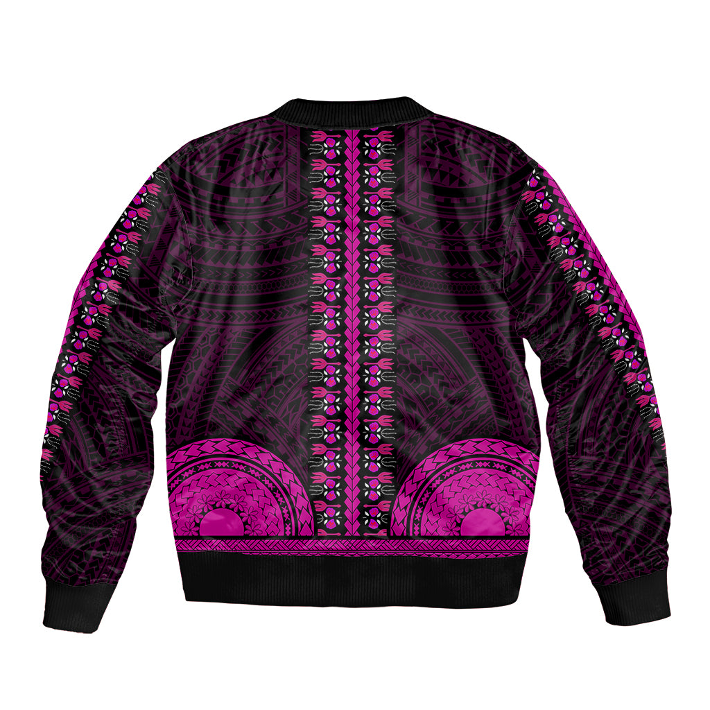 African Dashiki Sleeve Zip Bomber Jacket With Polynesian Pattern - Pink LT9 - Polynesian Pride