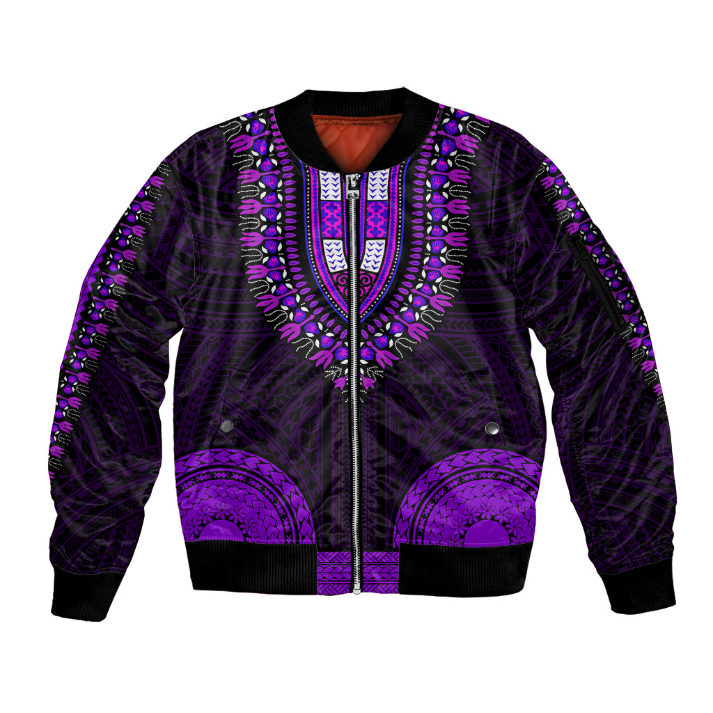 African Dashiki Sleeve Zip Bomber Jacket With Polynesian Pattern - Purple LT9 Unisex Purple - Polynesian Pride