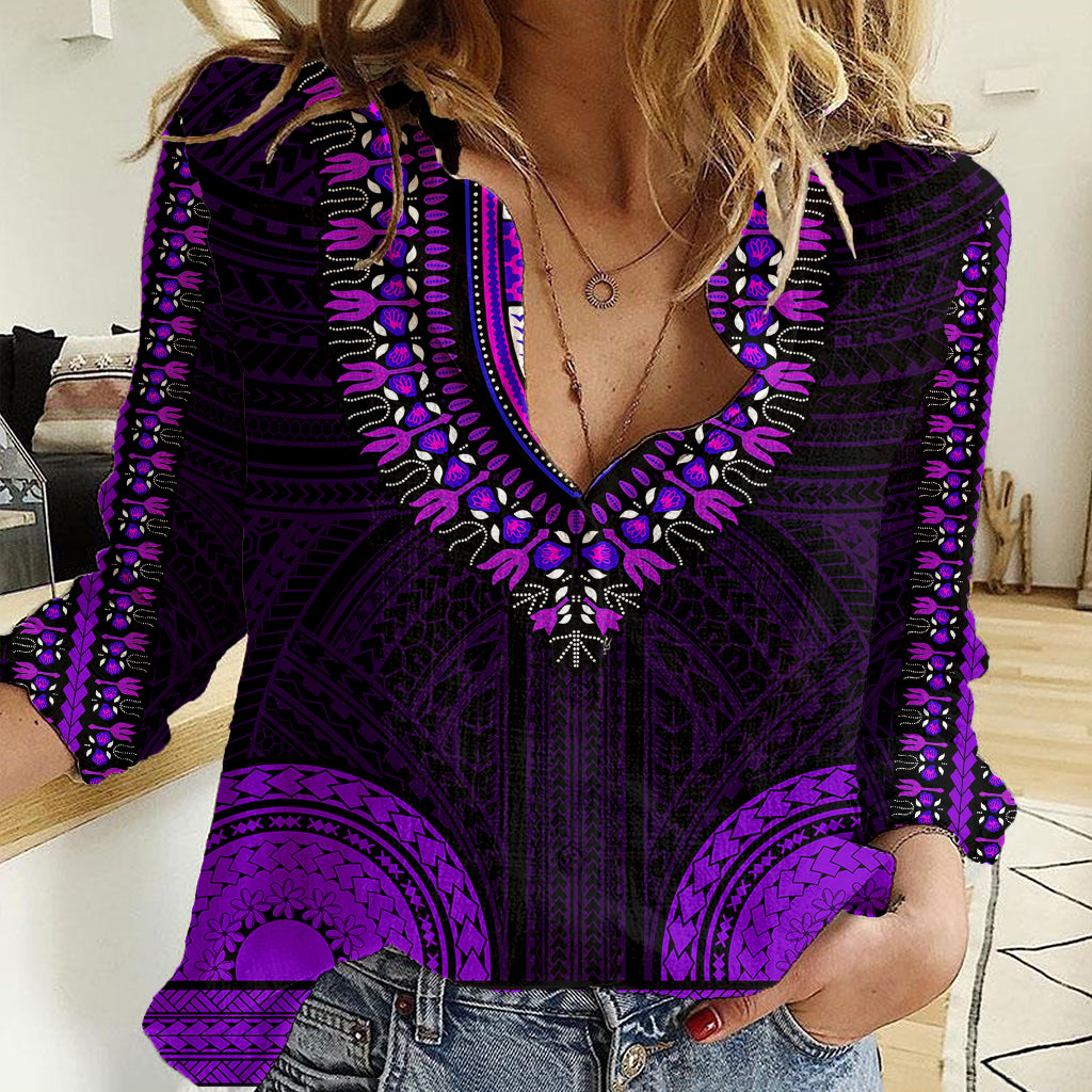 African Dashiki Women Casual Shirt With Polynesian Pattern - Purple LT9 Female Purple - Polynesian Pride