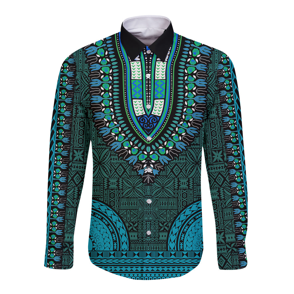 African Dashiki Long Sleeve Button Shirt With Tapa Pattern - Teal LT9 Unisex Teal - Polynesian Pride