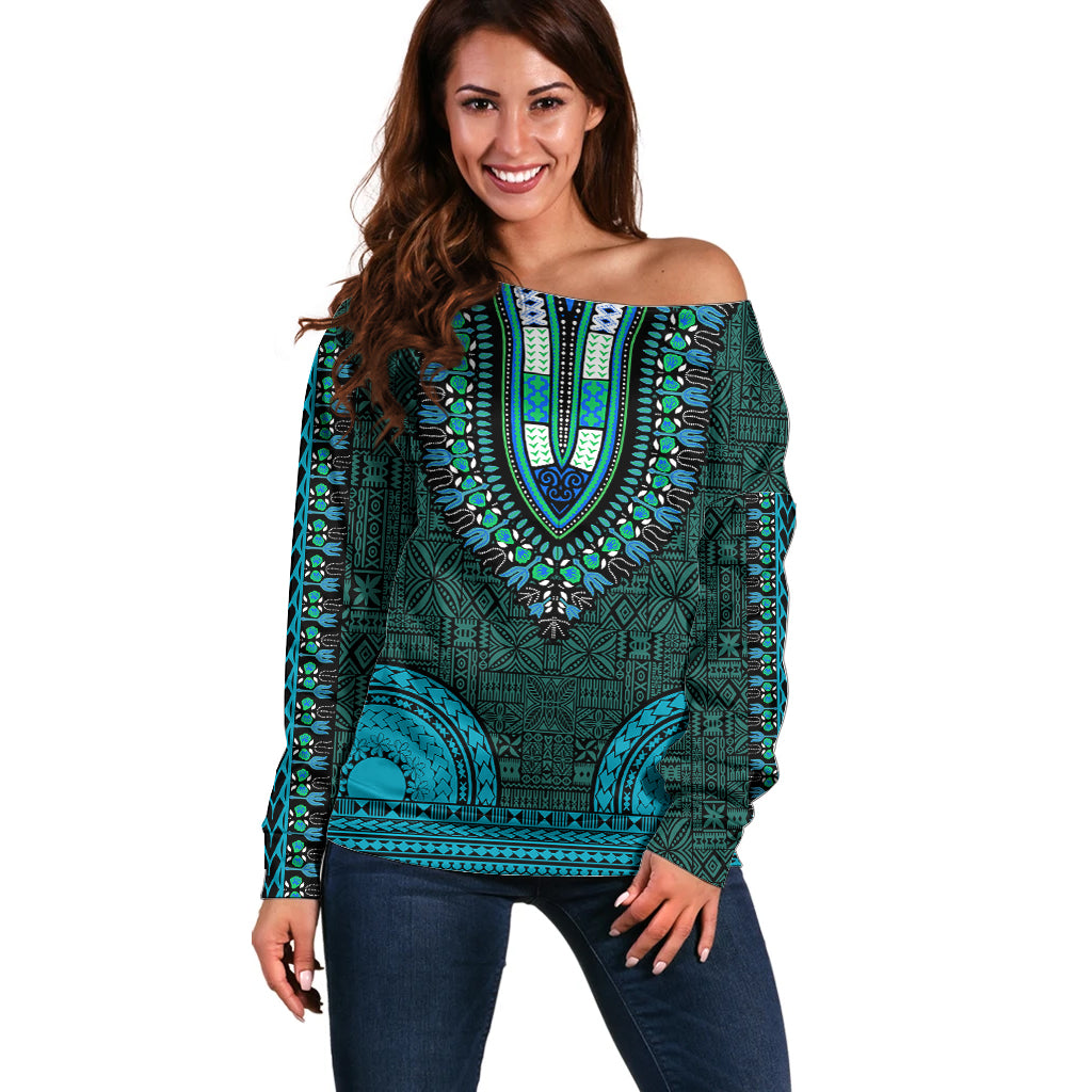 African Dashiki Off Shoulder Sweater With Tapa Pattern - Teal LT9 Women Teal - Polynesian Pride