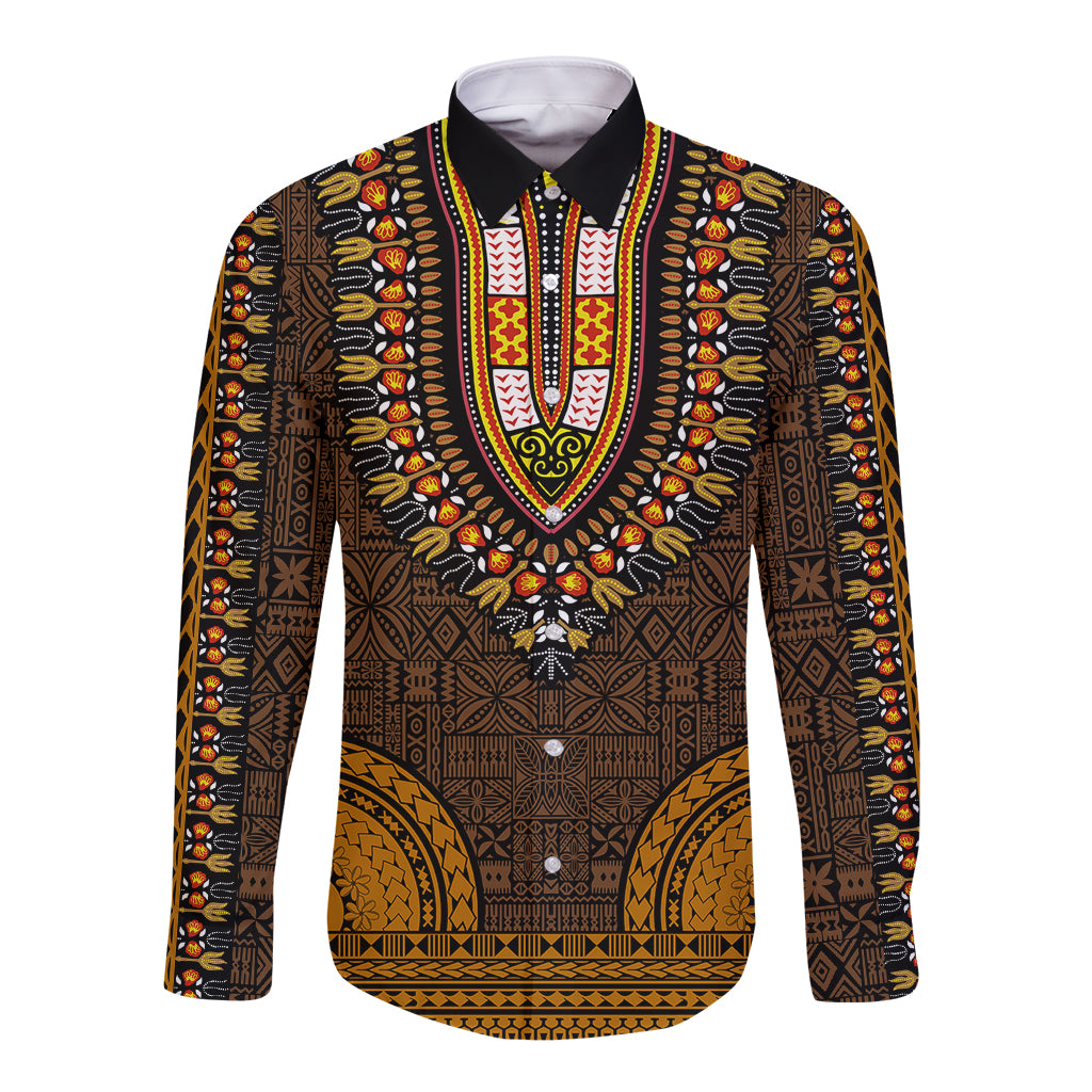 African Dashiki Long Sleeve Button Shirt With Tapa Pattern - Gold LT9 Unisex Gold - Polynesian Pride