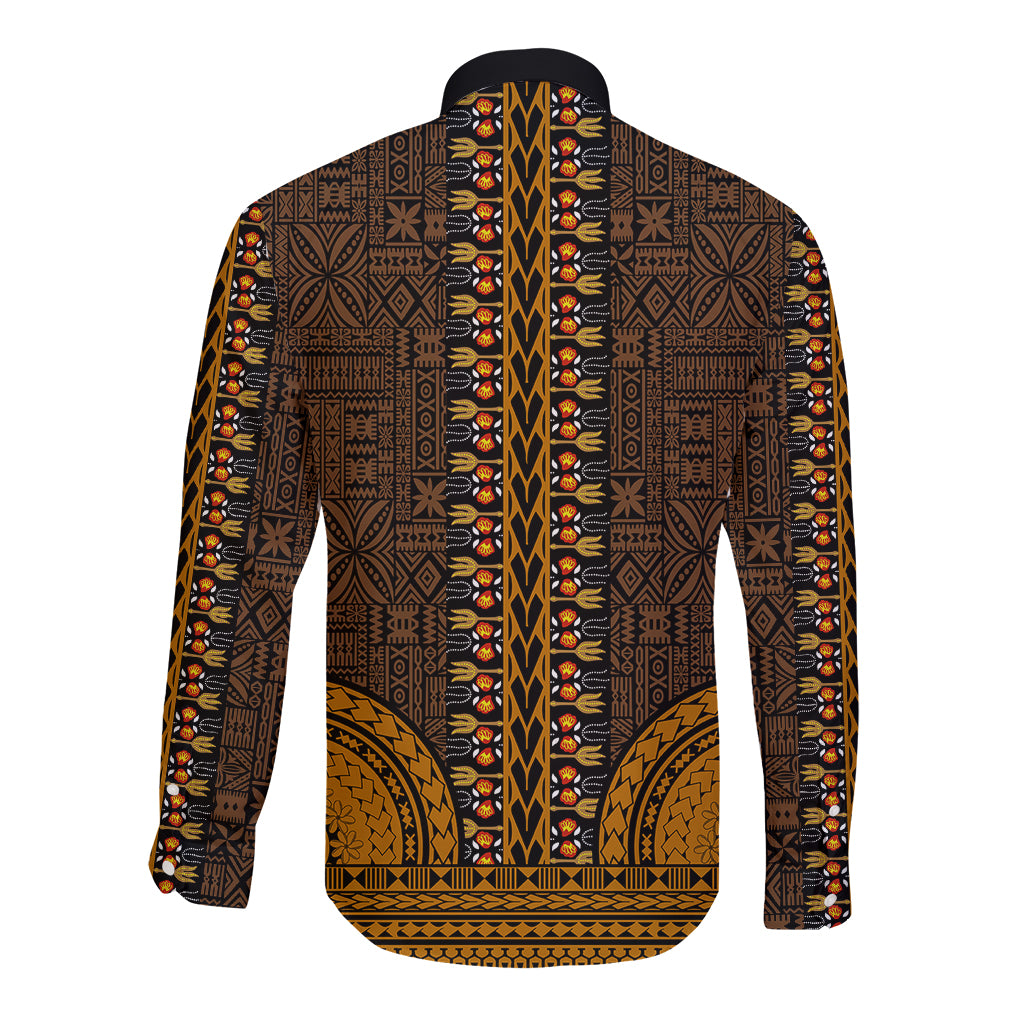 African Dashiki Long Sleeve Button Shirt With Tapa Pattern - Gold LT9 - Polynesian Pride