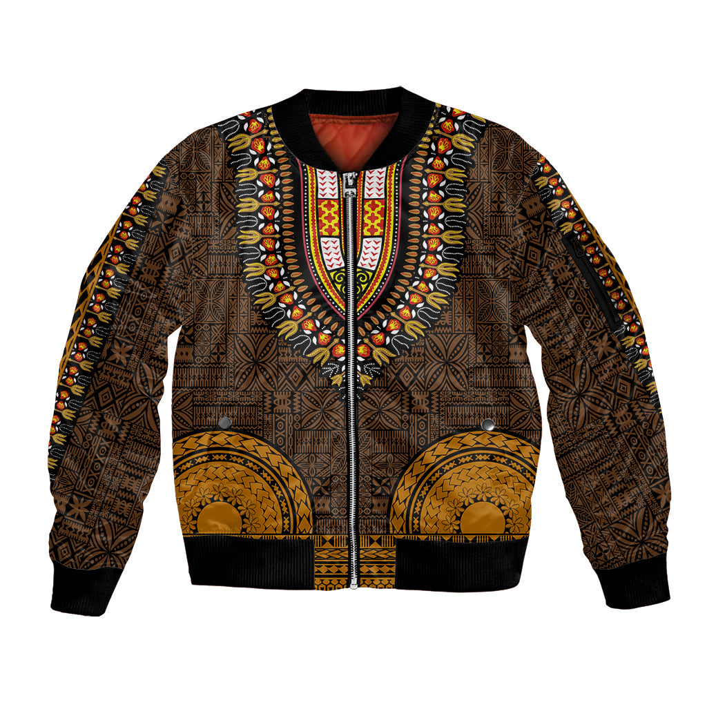 African Dashiki Sleeve Zip Bomber Jacket With Tapa Pattern - Gold LT9 Unisex Gold - Polynesian Pride