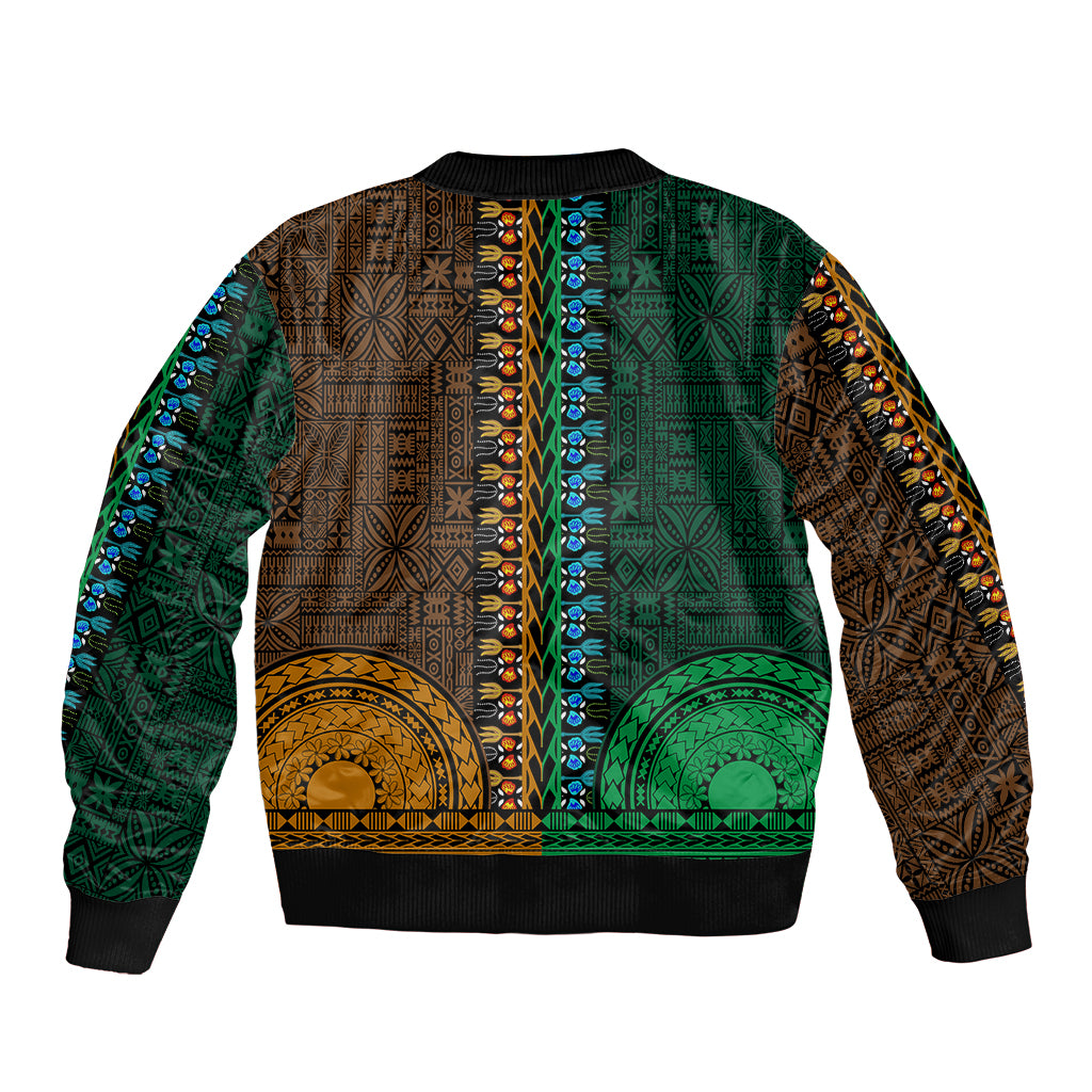 African Dashiki Bomber Jacket With Tapa Pattern - Half Green and Gold LT9 - Polynesian Pride