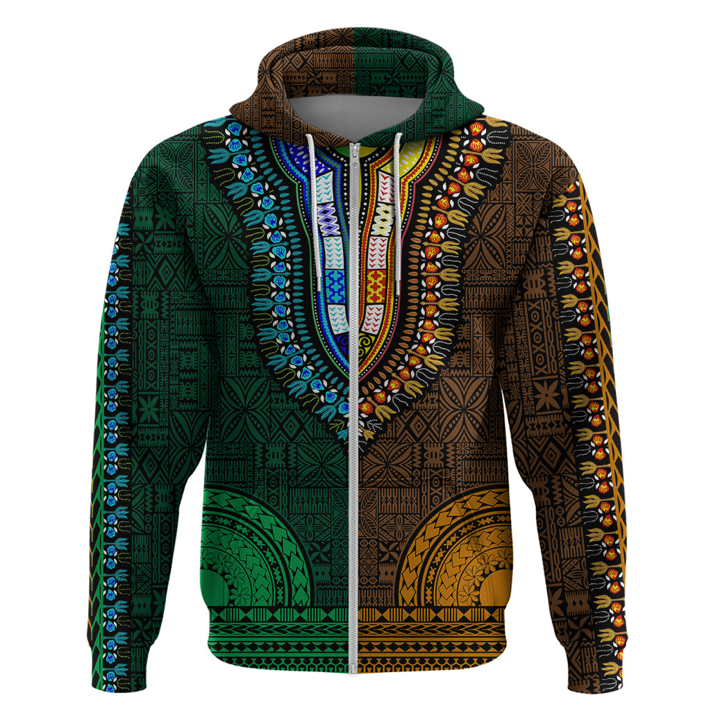 African Dashiki Hoodie With Tapa Pattern Half Green and Gold LT9 Zip Hoodie Green and Gold - Polynesian Pride