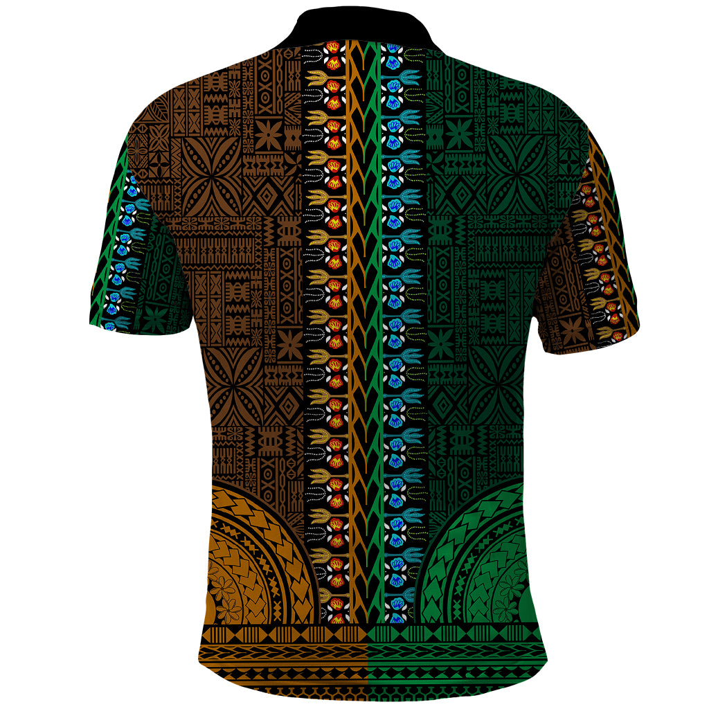 African Dashiki Polo Shirt With Tapa Pattern Half Green and Gold LT9 - Polynesian Pride