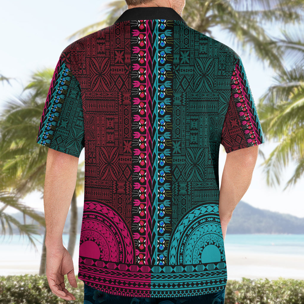 African Dashiki Hawaiian Shirt With Tapa Pattern - Half Teal and Pink LT9 - Polynesian Pride