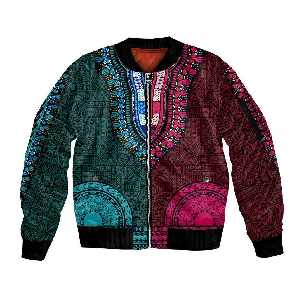 African Dashiki Sleeve Zip Bomber Jacket With Tapa Pattern - Half Teal and Pink LT9 Unisex Teal and Pink - Polynesian Pride