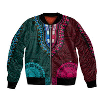 African Dashiki Sleeve Zip Bomber Jacket With Tapa Pattern - Half Teal and Pink LT9 Unisex Teal and Pink - Polynesian Pride