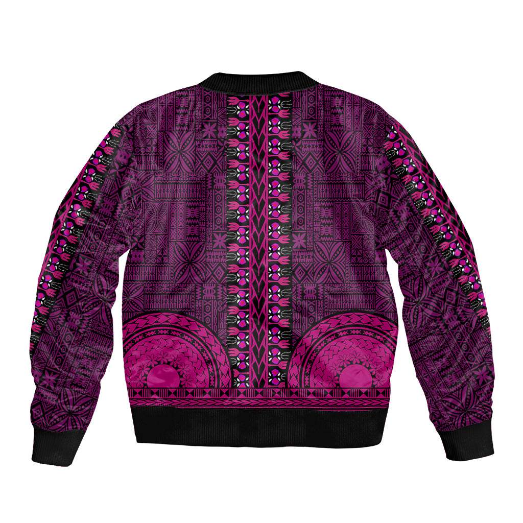 African Dashiki Sleeve Zip Bomber Jacket With Tapa Pattern - Pink LT9 - Polynesian Pride