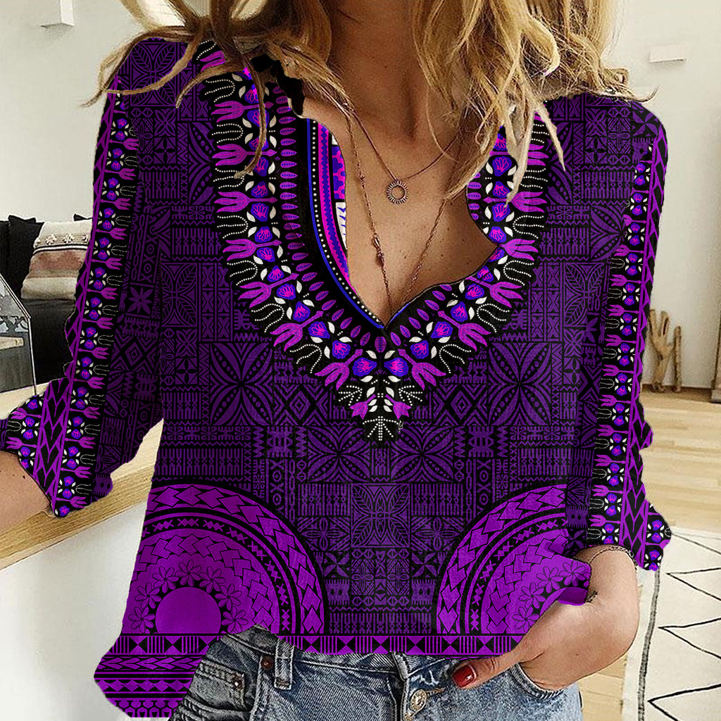 African Dashiki Women Casual Shirt With Tapa Pattern - Purple LT9 Female Purple - Polynesian Pride