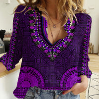 African Dashiki Women Casual Shirt With Tapa Pattern - Purple LT9 Female Purple - Polynesian Pride