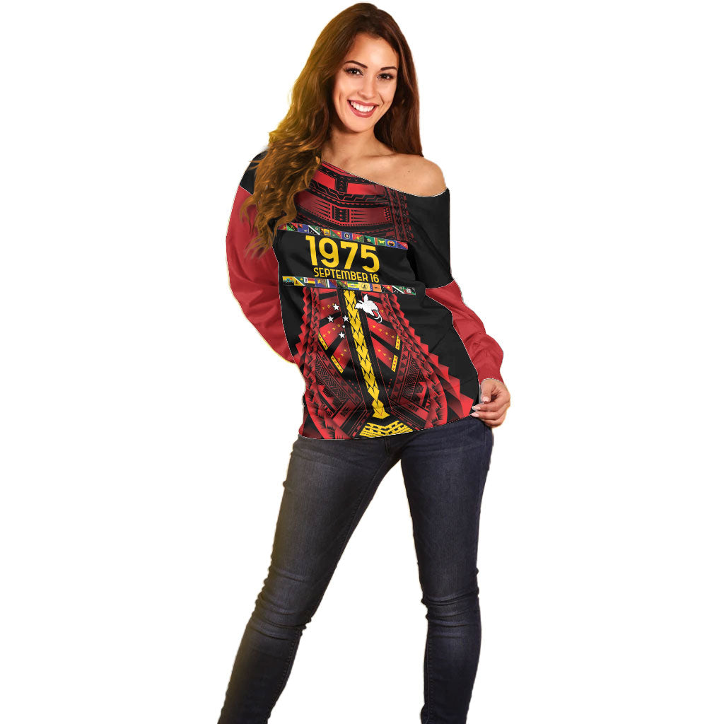 Independen Stet bilong Papua Niugini 1975 Off Shoulder Sweater Red Tribal Papua New Guinea Province Flag LT9 - Polynesian Pride