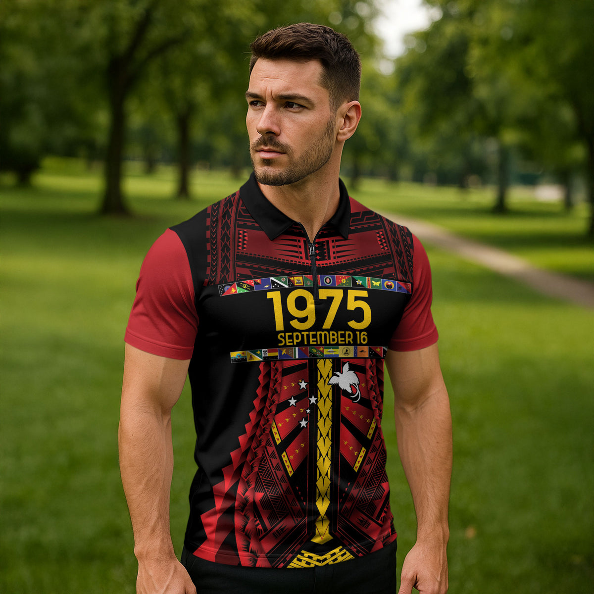 Independen Stet bilong Papua Niugini 1975 Zipper Polo Shirt Red Tribal Papua New Guinea Province Flag LT9 - Polynesian Pride