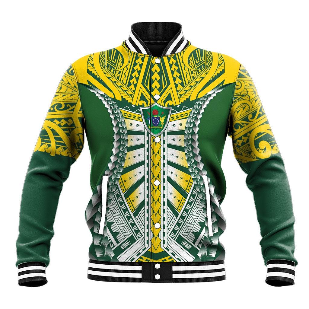 Cook Islands 1965 National Pride Baseball Jacket Green Yellow Tribal Pattern LT9 Unisex Green - Polynesian Pride