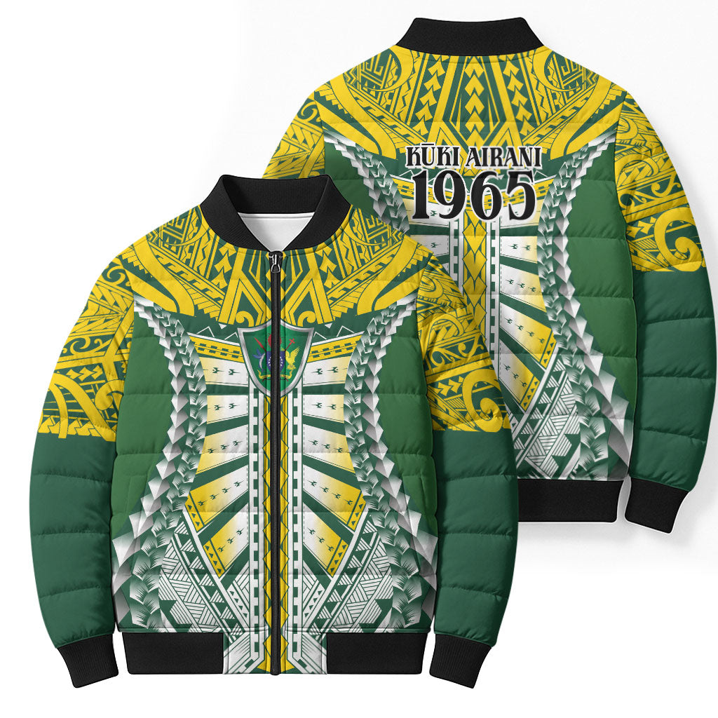 Cook Islands 1965 National Pride Bomber Puffer Jacket Green Yellow Tribal Pattern LT9 - Polynesian Pride