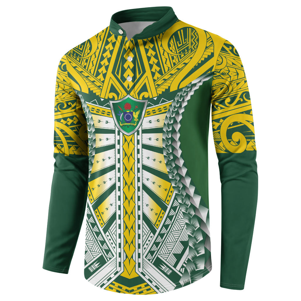 Cook Islands 1965 National Pride Button Sweatshirt Green Yellow Tribal Pattern LT9 - Polynesian Pride